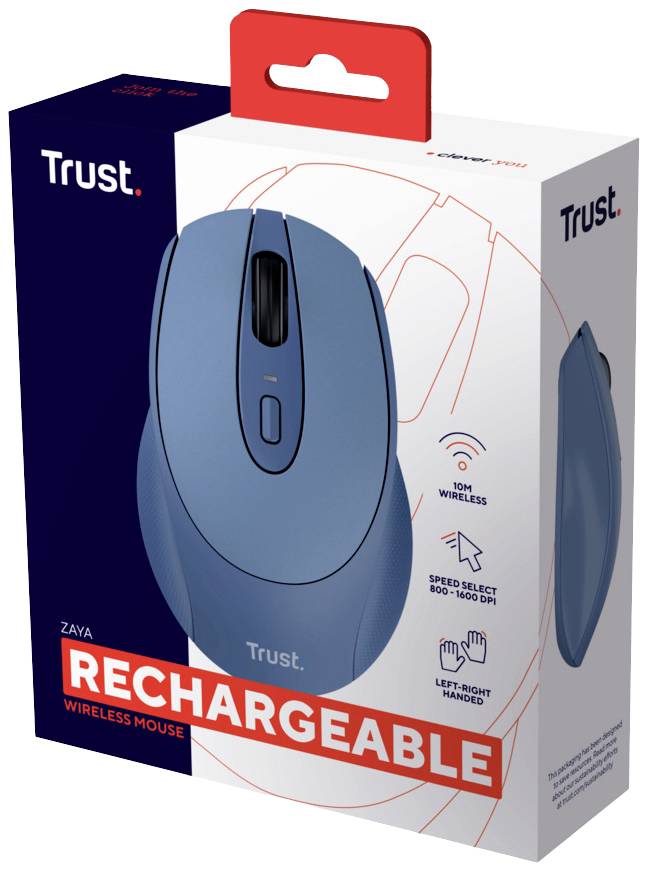 Kabellos wiederaufladbare Maus-Verpackung von Trust in Blau, mit Funktionen wie 10m Reichweite, Geschwindigkeitsanpassung und beidhändiger Nutzung.