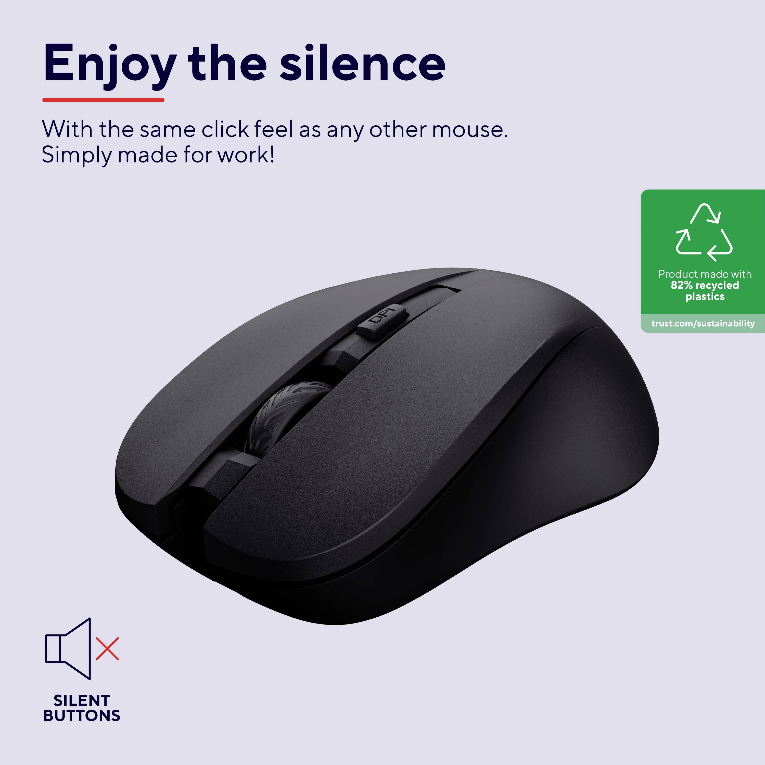 Eine schwarze Computermaus mit der Aufschrift 'Enjoy the silence'. Hervorgehoben sind leise Tasten und 82 % recycelter Kunststoff.
