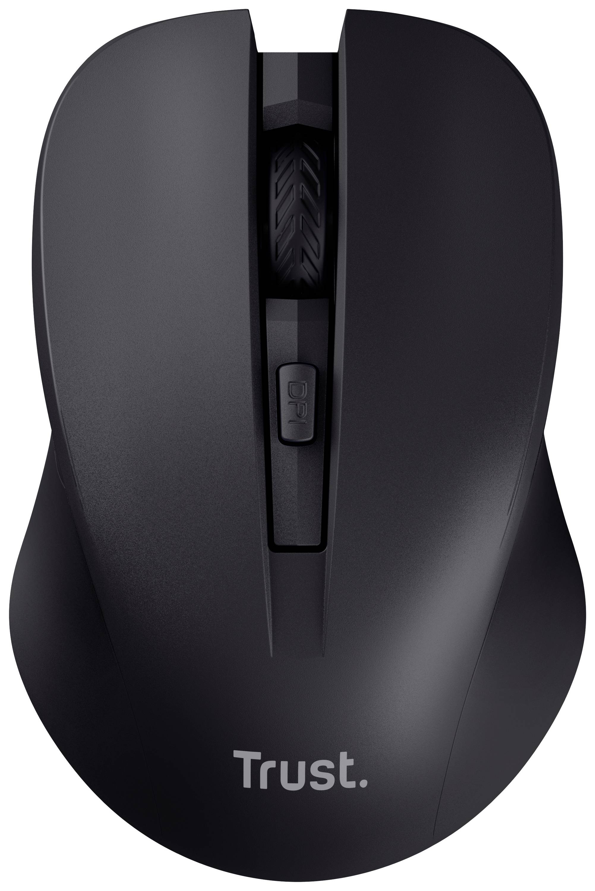 Schwarze kabellose Computermaus von oben mit Markenlogo 'Trust'. Sie verfügt über ein Scrollrad in der Mitte und einen DPI-Schalter darunter.