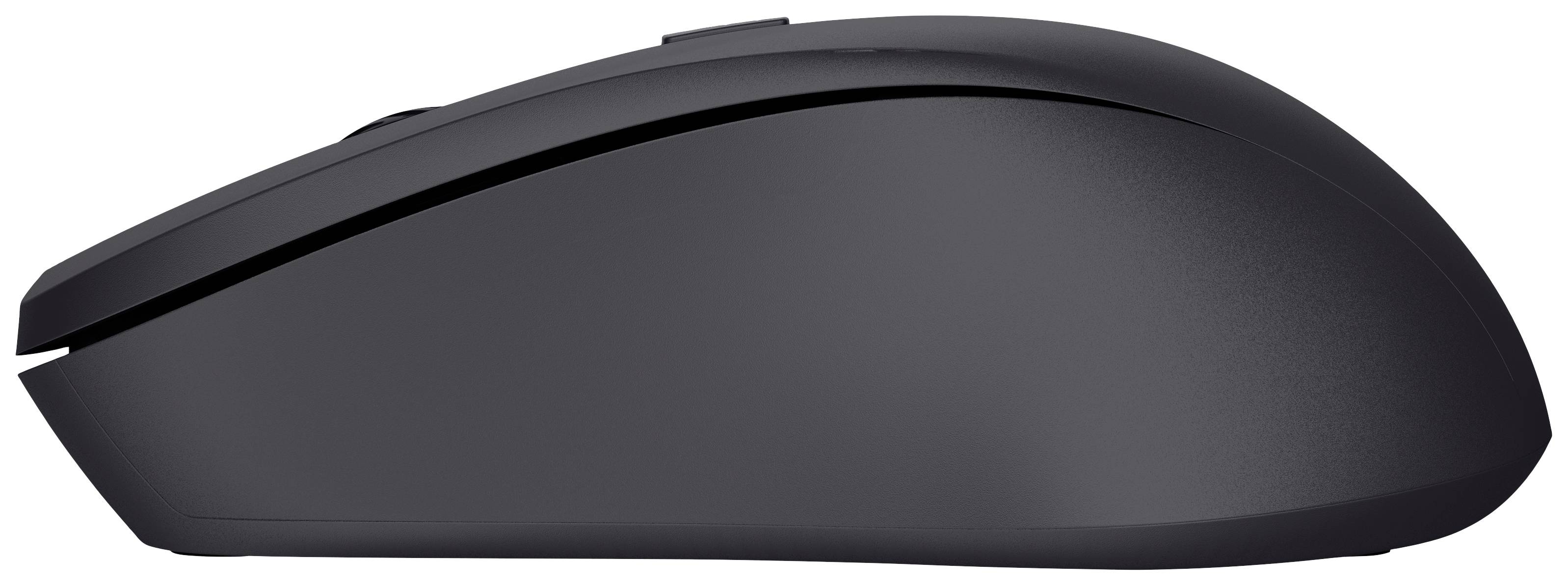 Schwarze Computermaus in seitlicher Ansicht, schlichtes, modernes Design ohne sichtbare Tasten oder Kabel.