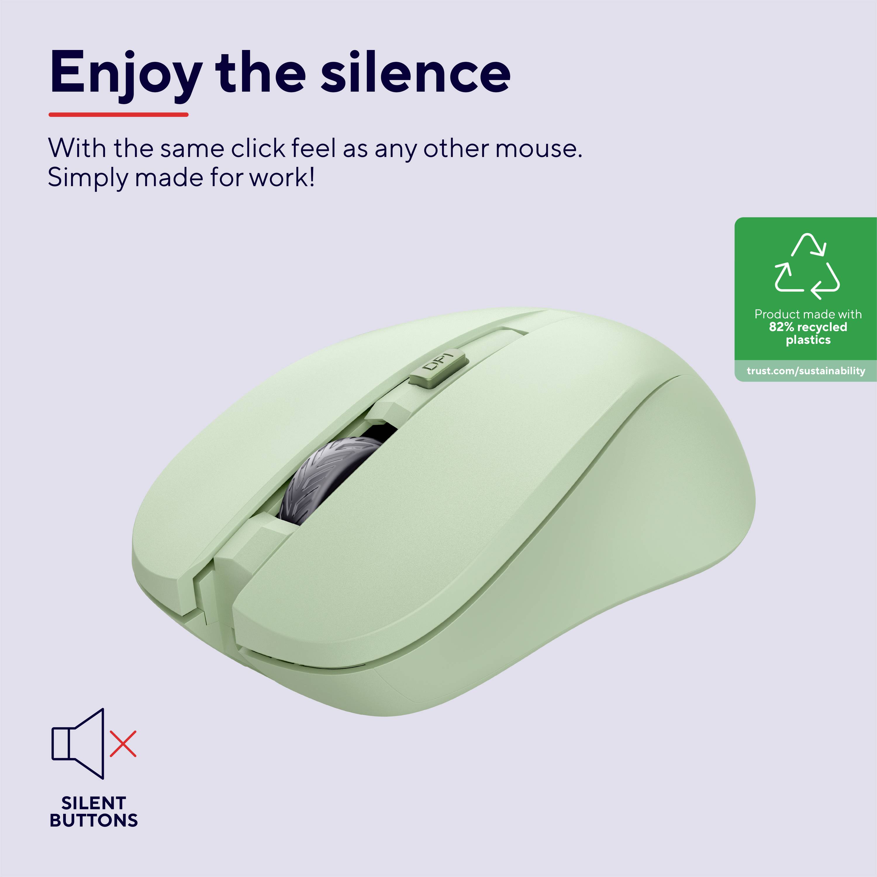 Eine grüne Computermaus mit leisem Klick. Text: 'Enjoy the silence. Same click feel as any other mouse. Simply made for work!' Hinweise zu recyceltem Material.