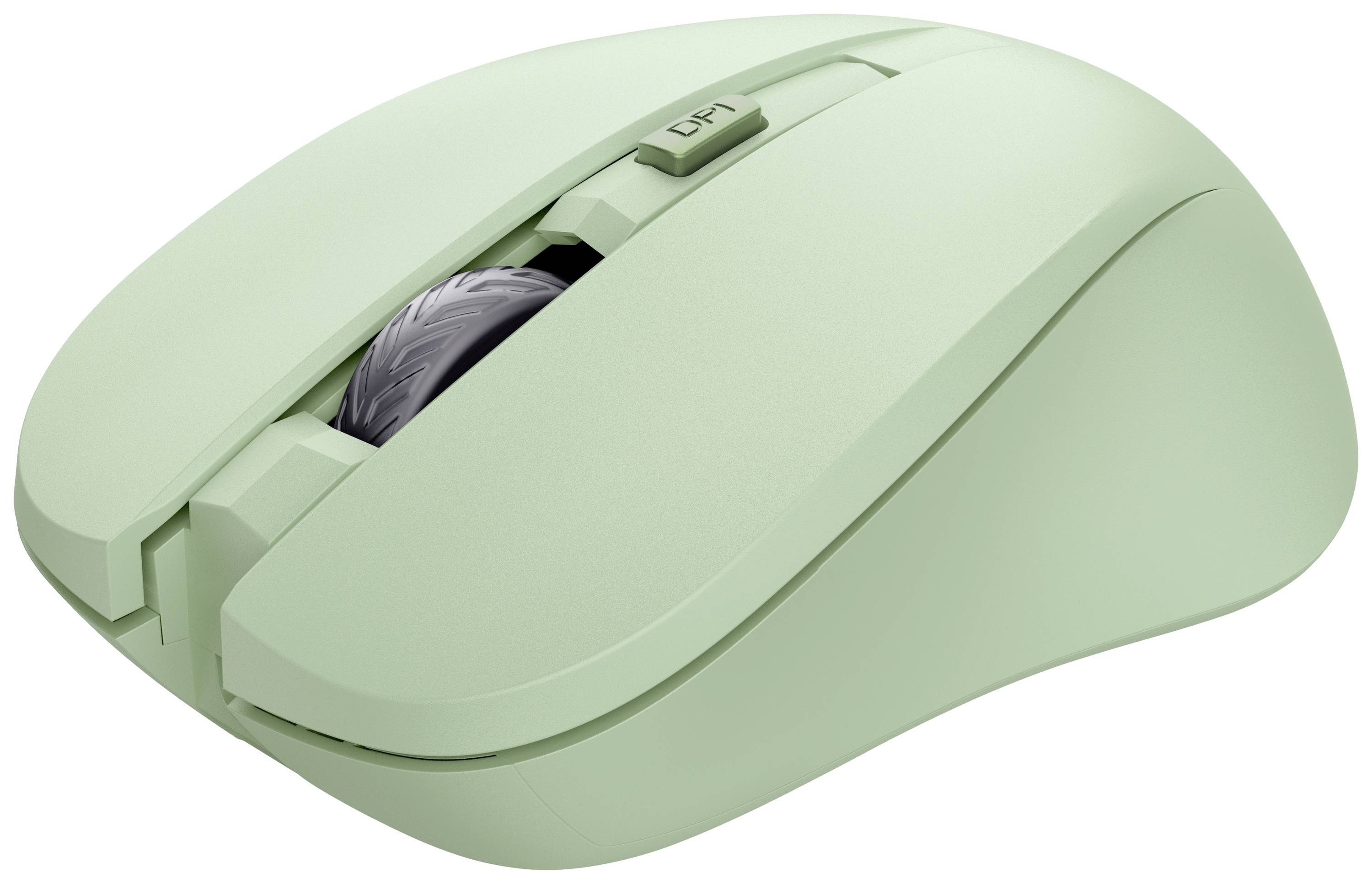 Drahtlose grüne Computermaus mit DPI-Taste oben und einem Scrollrad in der Mitte.