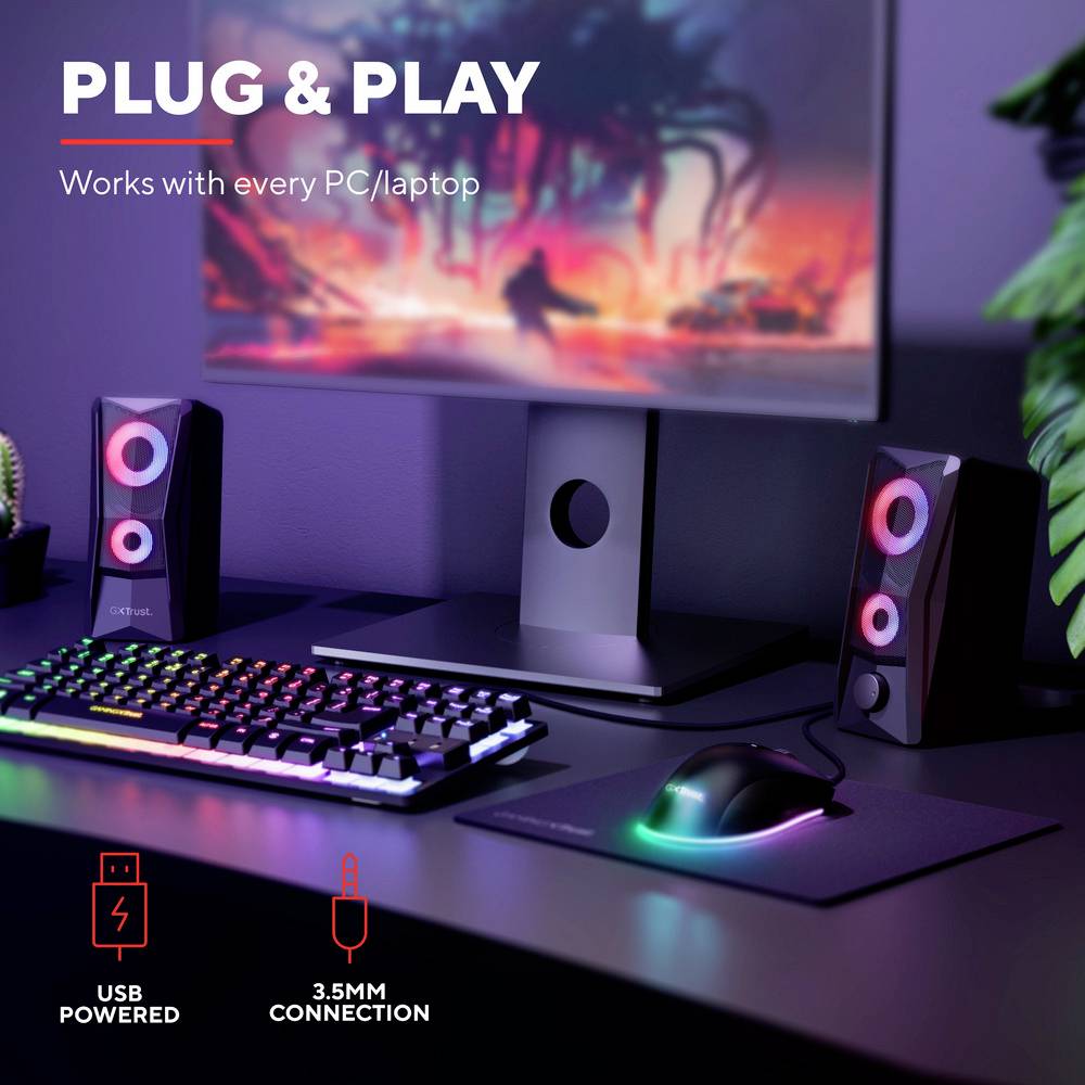 Der Schreibtisch zeigt eine Tastatur, Maus und Lautsprecher neben einem Monitor. Text oben: 'Plug & Play'. Funktioniert mit jedem PC/Laptop.