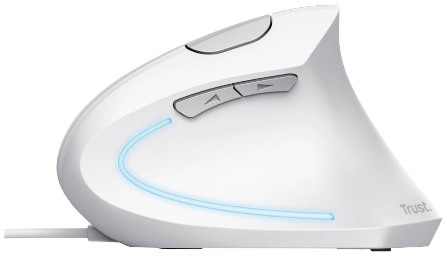 Weiße, vertikale ergonomische Computermaus mit blauer LED-Beleuchtung und zwei seitlichen Tasten für verbesserten Benutzerkomfort.