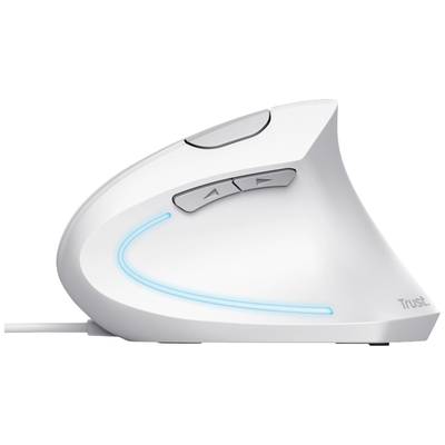 Weiße, vertikale ergonomische Computermaus mit blauer LED-Beleuchtung und zwei seitlichen Tasten für verbesserten Benutzerkomfort.