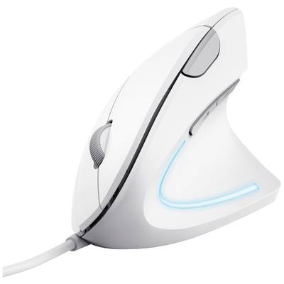 Ergonomische vertikale Computermaus in weiß mit blauer LED-Beleuchtung, geeignet zur Reduzierung von Handgelenkbelastungen.