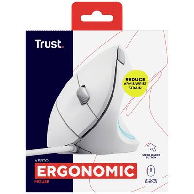 Ergonomische vertikale Maus von Trust, optimiert zur Reduzierung von Arm- und Handgelenkbelastungen, mit Daumentasten und Geschwindigkeitstaste.