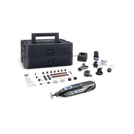 Multifunktionales Elektrowerkzeug-Set mit einem vielseitigen Handgerät und verschiedenen Aufsätzen für diverse Heimwerkerarbeiten.