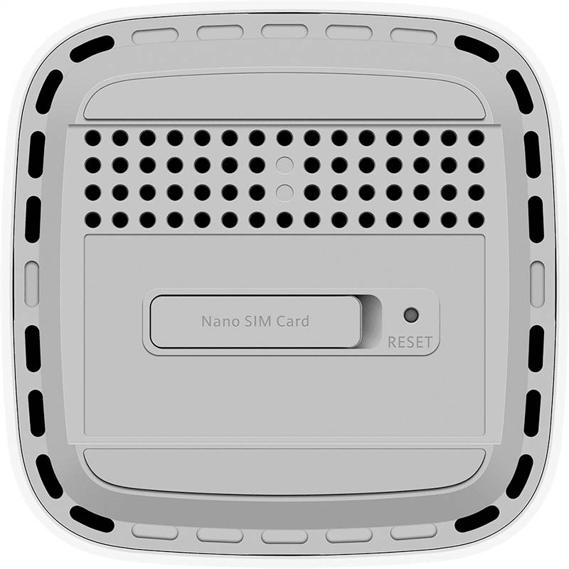 Rückseite eines Geräts mit SIM-Karten- und Reset-Schlitzen, umgeben von Belüftungslöchern.