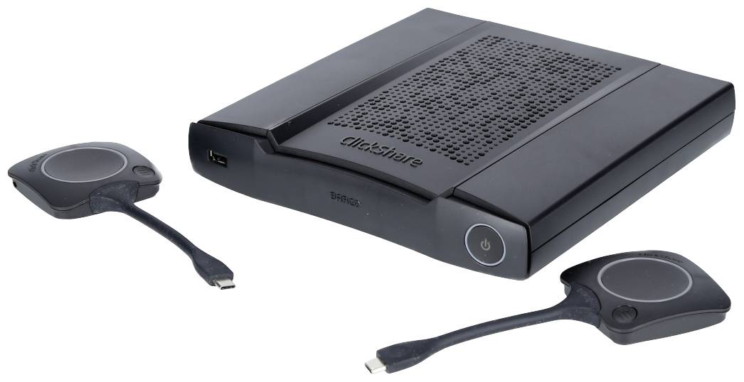 Ein drahtloses Präsentationssystem mit einer Basisstation und zwei HDMI-Dongles, die für die Verbindung mit Bildschirmen genutzt werden.