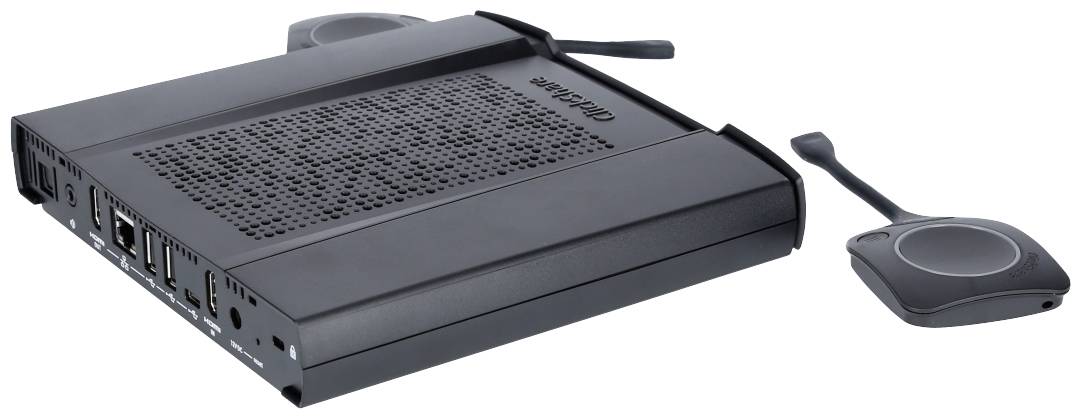 Schwarze drahtlose Präsentationseinheit mit Lüftungsgittern an der Oberseite, Antennen und abnehmbarem Adapter.