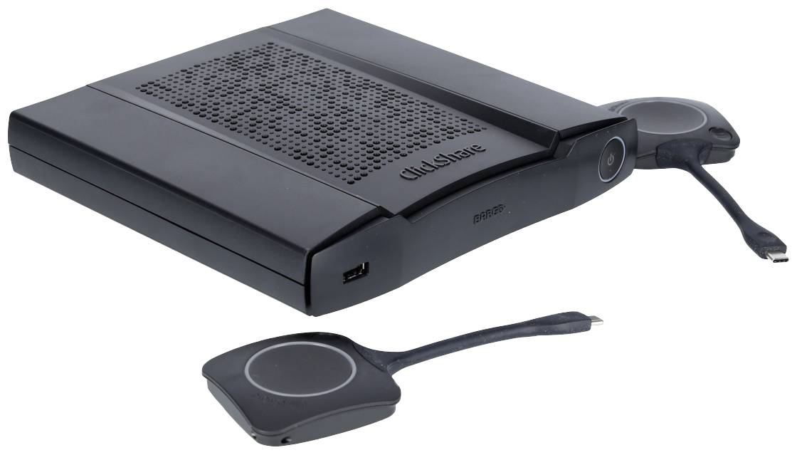 Ein schwarzes Konferenzsystem mit zwei kabellosen Präsentationsadaptern. Es dient Verbindungszwecken in Besprechungsräumen.