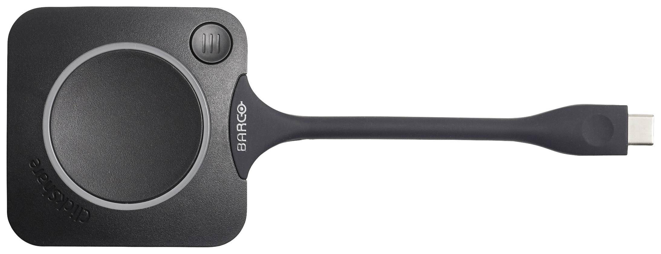 Schwarzes, quadratisches Gerät mit integriertem Kabel und Knopf. Markiert mit 'BARCO'. Dient zur drahtlosen Bildschirmübertragung.