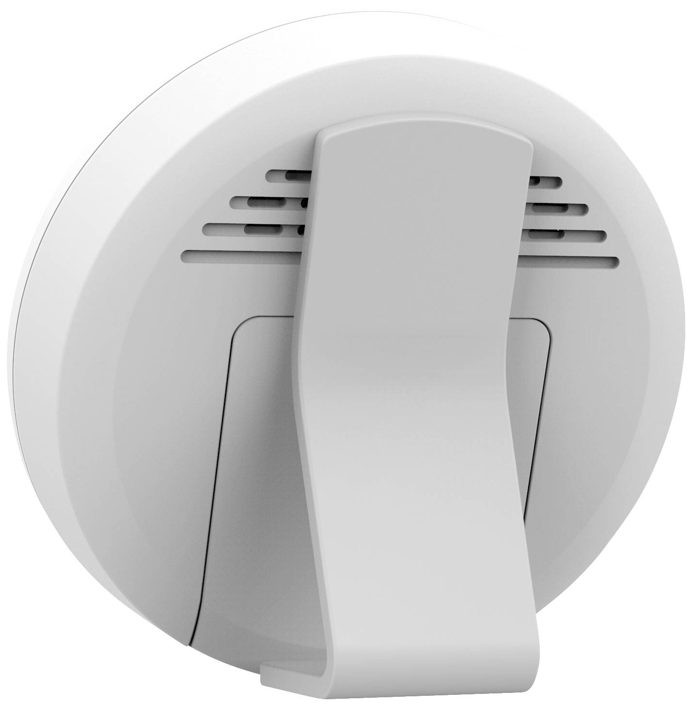 Ein weißer, runder WLAN-Rauchmelder mit Wandhalterung.