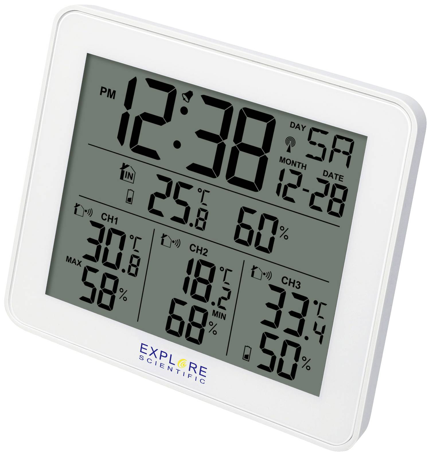 Digitale Wetterstation mit Uhrzeit '12:38', Datum '12-28', Innentemperatur '25,8°C', Luftfeuchtigkeit '60%'. Weitere Messungen für 3 Kanäle.