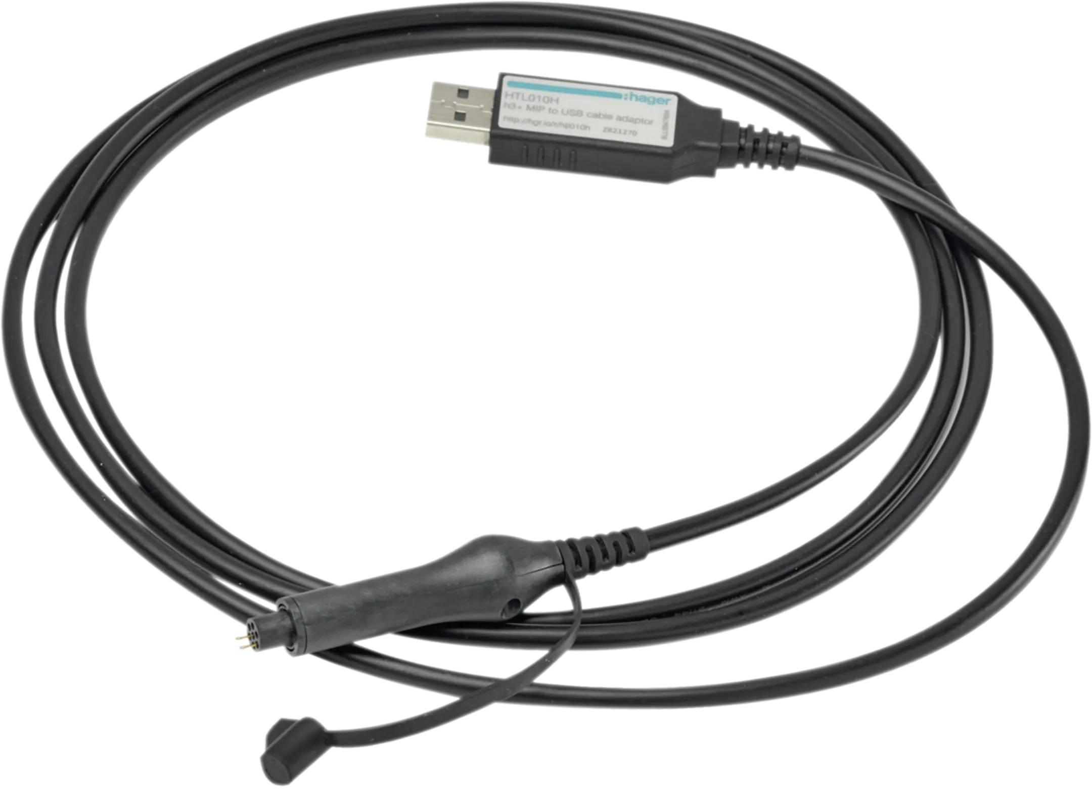 Schwarzes USB-Kabel mit einem speziellen Anschluss, möglicherweise für ein medizinisches Gerät, auf hellgrauem Hintergrund.