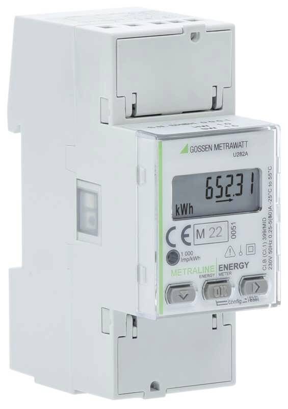 Ein digitaler Stromzähler zeigt '652,31 kWh'. Das Gerät hat ein weißes Gehäuse und ist für den Einsatz in elektrischen Installationen vorgesehen.