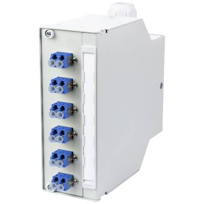 Ein mehrportiger Glasfaseradapter mit sechs blauen Steckplätzen. Geeignet für Netzwerkverkabelung in technischen Anwendungen.