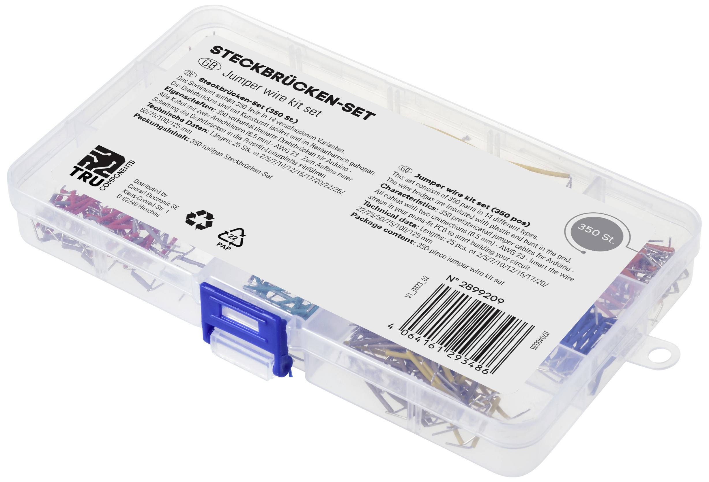 Kunststoffbox mit farbigen Jumper-Wires, Beschriftung 'Steckbrücken-Set 250 St.' auf dem Deckel. Enthält verschiedene Drahtbrücken.