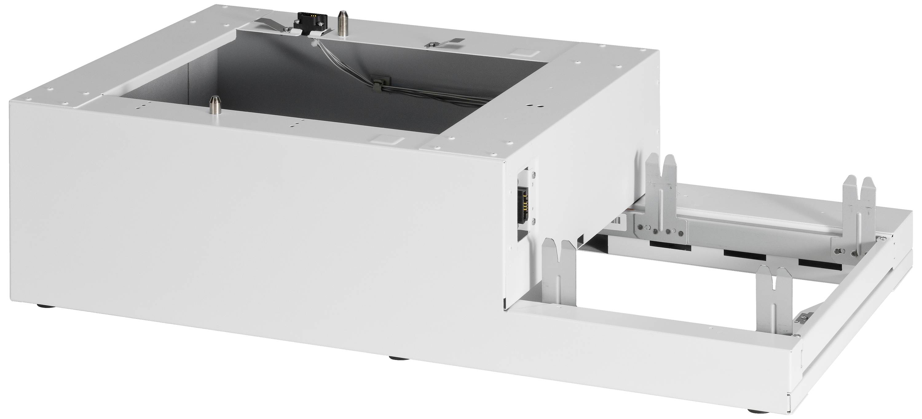 Rechteckiger, weißer elektrischer Mechanismus mit ausziehbarem Element für Lüftungs- oder technisches Gerät, montierbar.