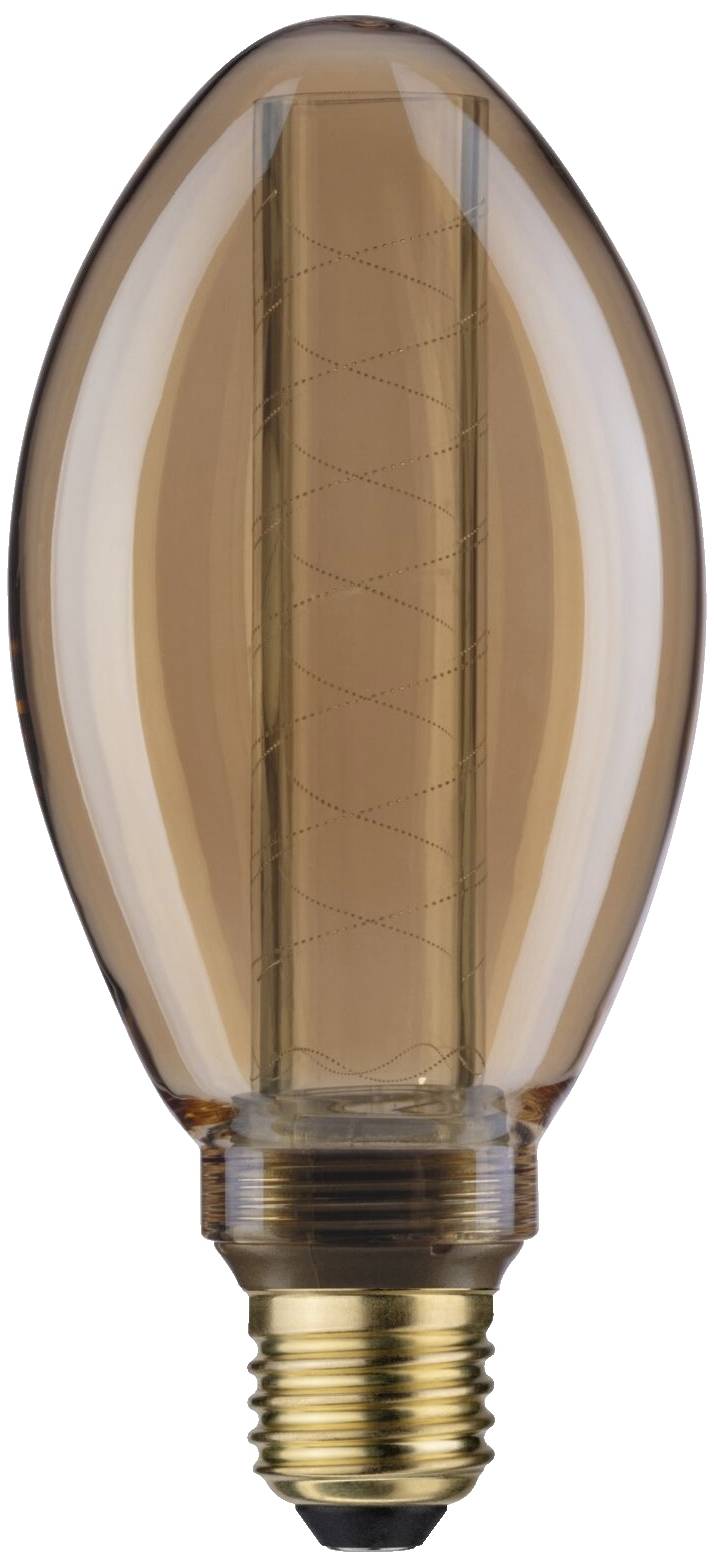 Eine bernsteinfarbene LED-Glühbirne in kerzenförmigem Design mit E27-Sockel, die einen Retro-Look erzeugt.