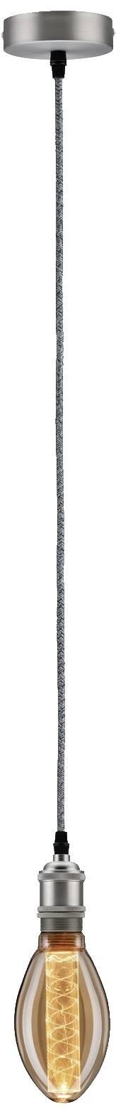 Eine hängende Glühbirne mit sichtbarem Drahtfilament, befestigt an einem grau-schwarzen Kabel und einer silbernen Deckenbefestigung.