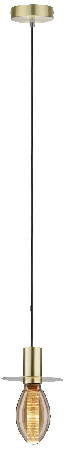 Hängelampe mit messingfarbenem Metallgehäuse und freiliegender Glühbirne, hängend an einem schwarzen Kabel von einer runden Deckenhalterung.