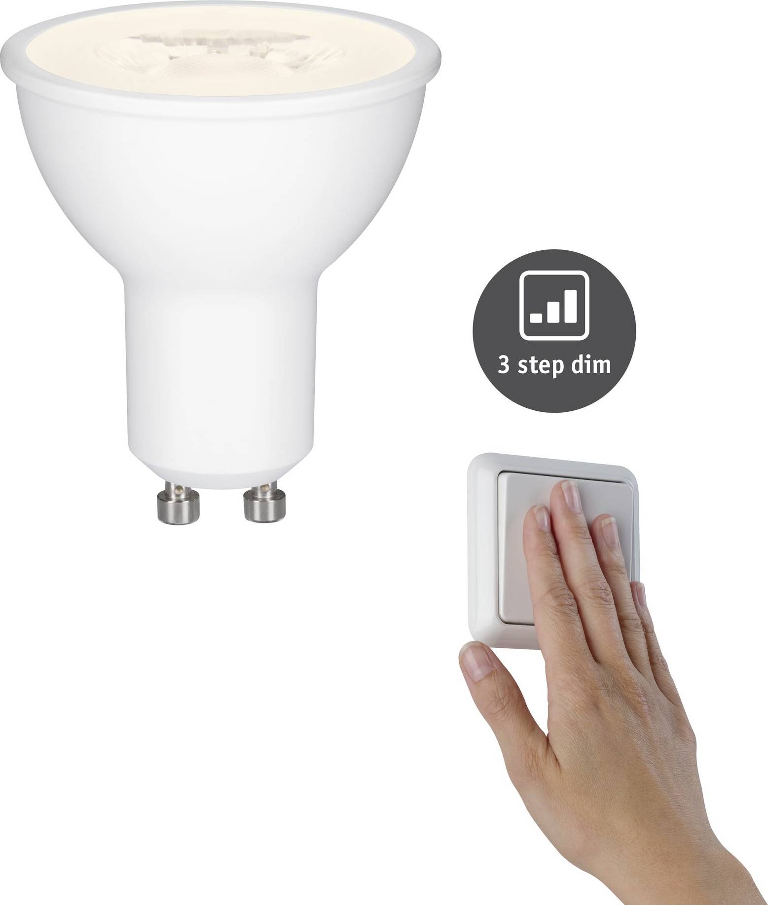Hand betätigt Lichtschalter; daneben LED-Glühlampe mit GU10-Fassung. Text '3 step dim', Symbol zeigt Dimmschritte.