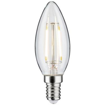 Eine glühende LED-Kerzenlampe mit klarer Hülle und silbernem Sockel, die warmweißes Licht erzeugt.