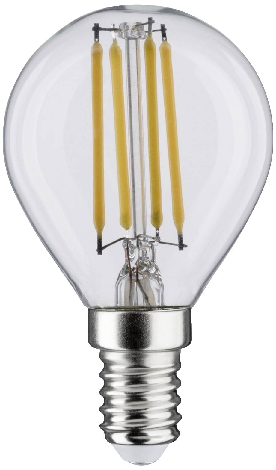 LED-Glühbirne mit kleinem Schraubsockel, transparentem Glas und leuchtenden orangefarbenen Filamenten, energiesparend.