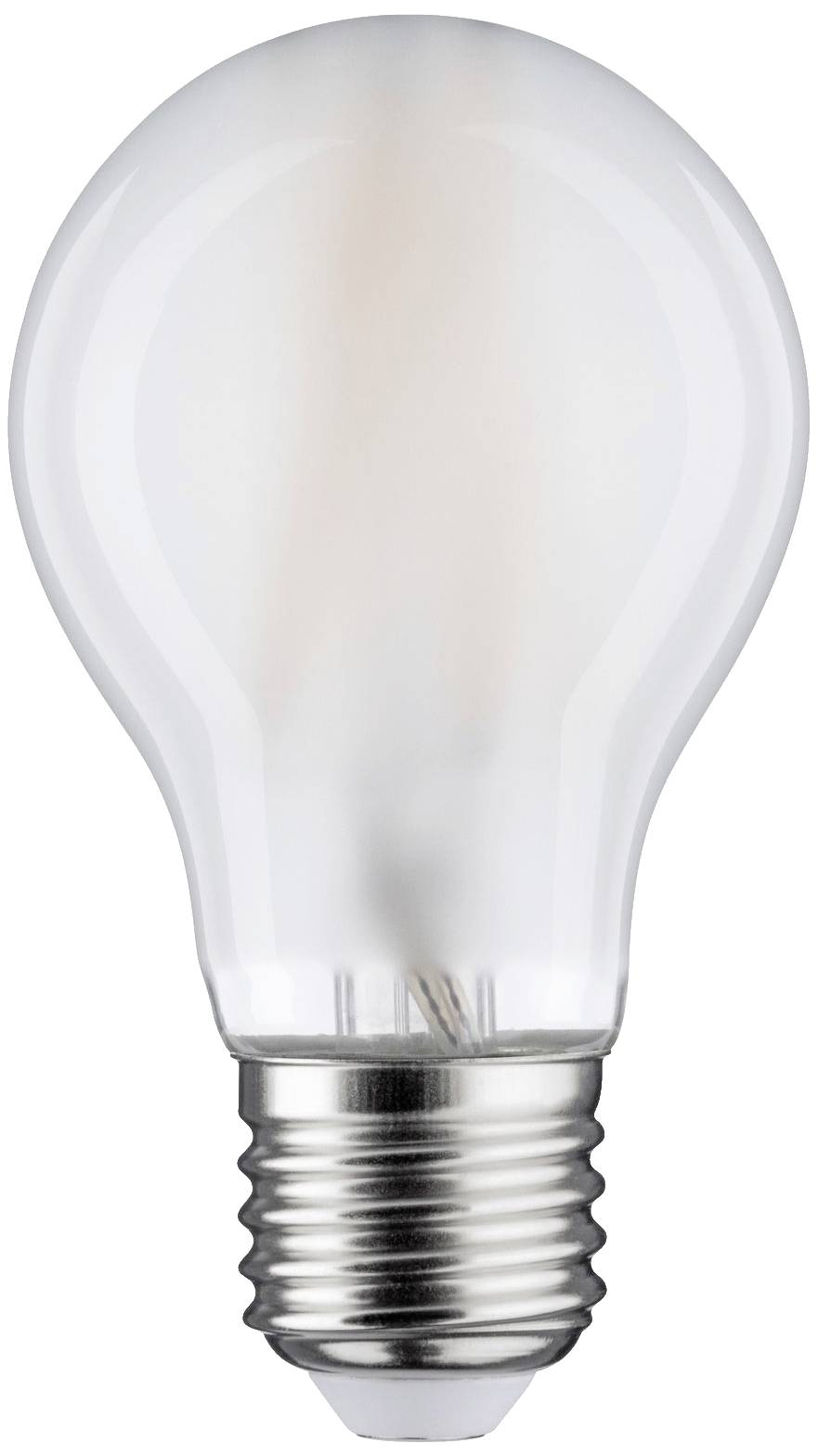 Eine Glühbirne mit E27-Schraubfassung vor einem weißen Hintergrund.