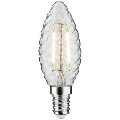 Eine LED-Kerzenlampe mit sichtbaren Filamenten in einem transparenten, spiralförmigen Glasgehäuse.