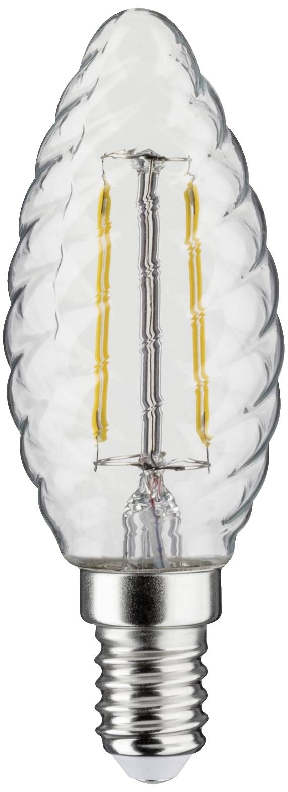 Eine klare LED-Kerzenlampe mit gewelltem Glasdesign und sichtbarem Filament, geeignet für dekorative Beleuchtung.