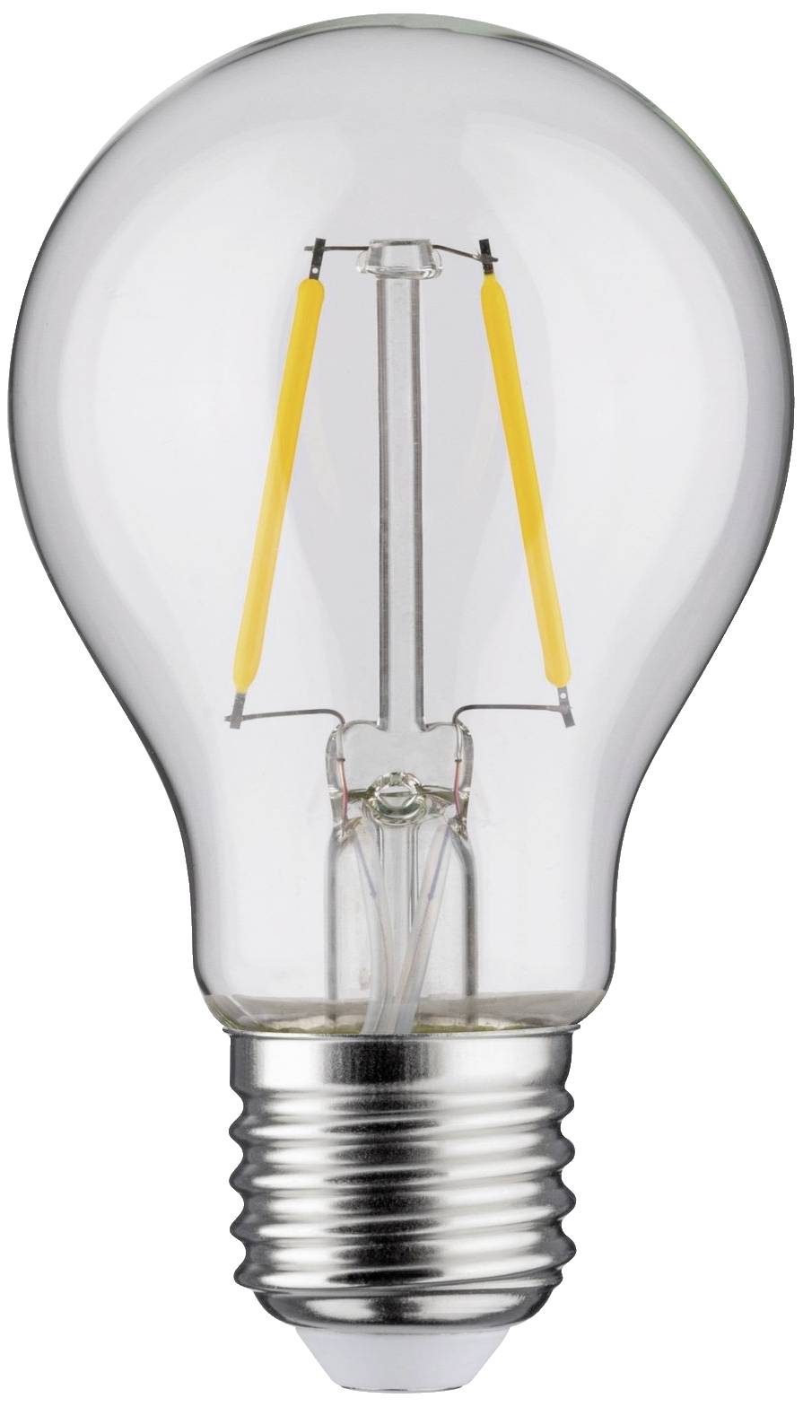 Glühbirne mit sichtbarem Filament, transparentes Glas und Metallfassung, steht aufrecht.