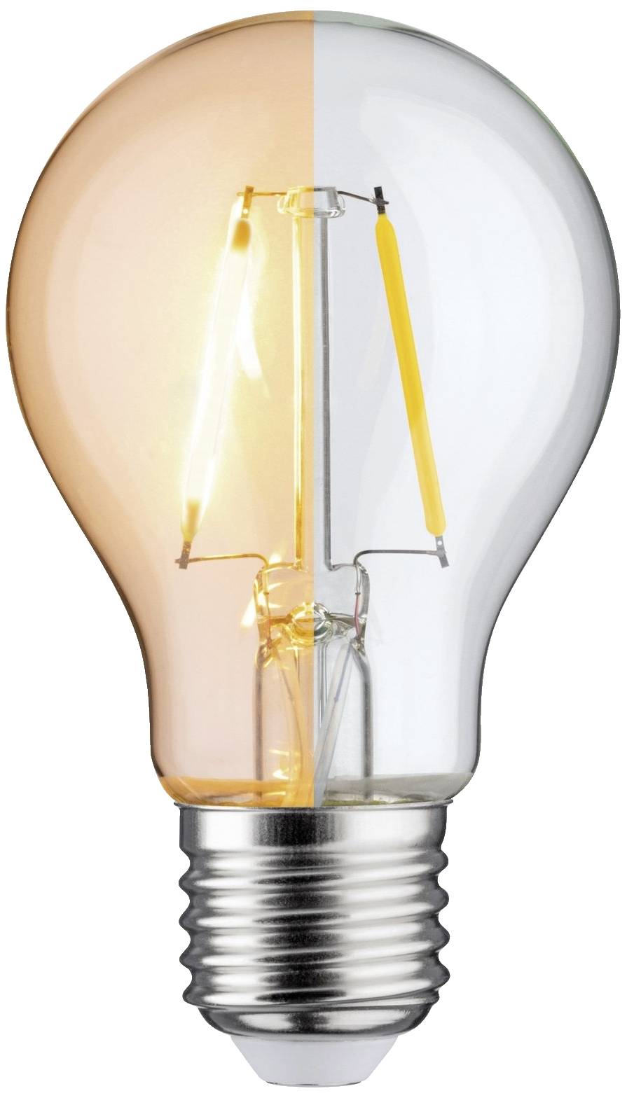 Eine Glühbirne mit geteilter Darstellung: links leuchtend warmweiß, rechts ausgeschaltet und durchsichtig.