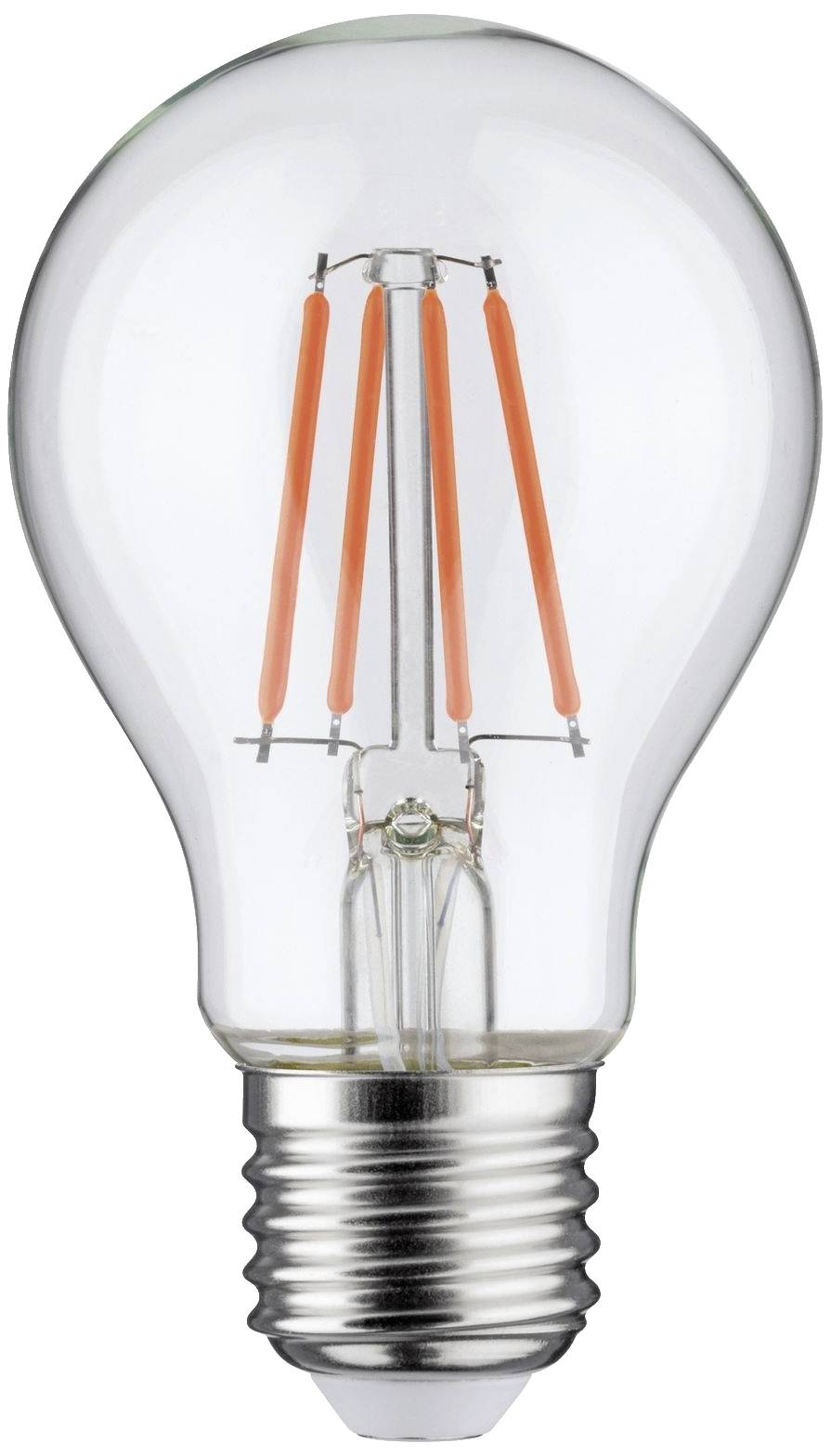 Eine LED-Glühbirne mit sichtbaren Filamenten und einem silbernen Sockel, aufrecht stehend vor weißem Hintergrund.