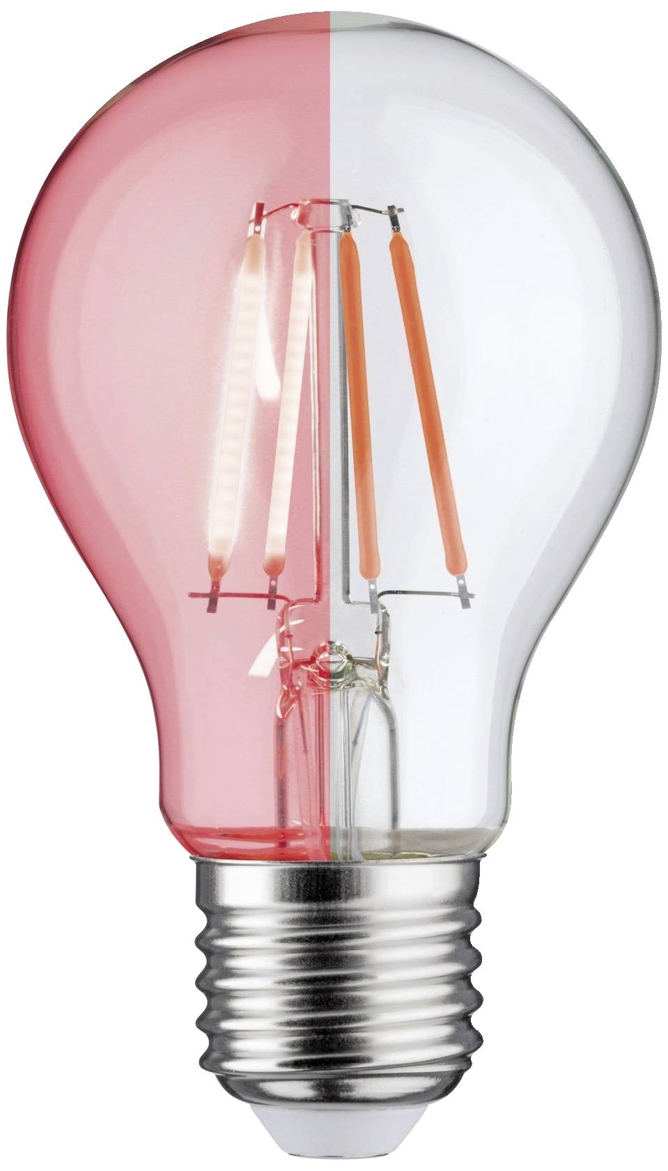 Zweigeteilte Glühbirne: links rot eingefärbt, rechts klar. Zeigt Kontrast und Veränderung in Beleuchtung oder Energieverbrauch.