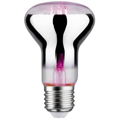 Eine Glühbirne mit silbernem Reflektor und rosa Licht im Inneren, geeignet für Deko-Zwecke oder spezielle Beleuchtungsanwendungen.