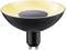 Schwarz-goldene LED-Lampe mit breitem, reflektierendem Schirm und GU10-Sockel, geeignet für Akzentbeleuchtung.