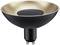 Eine schwarze LED-Spotlampe mit goldener Innenseite und GU10-Sockel, ideal zur stimmungsvollen Beleuchtung dekorativer Räume.