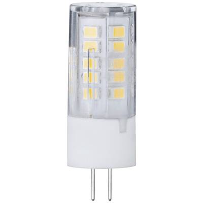 LED Leuchtmittel mit G4-Sockel und klarer Oberfläche, zeigt gelbe Leuchtpunkte. Geeignet für kleine Lampen und energieeffizient.