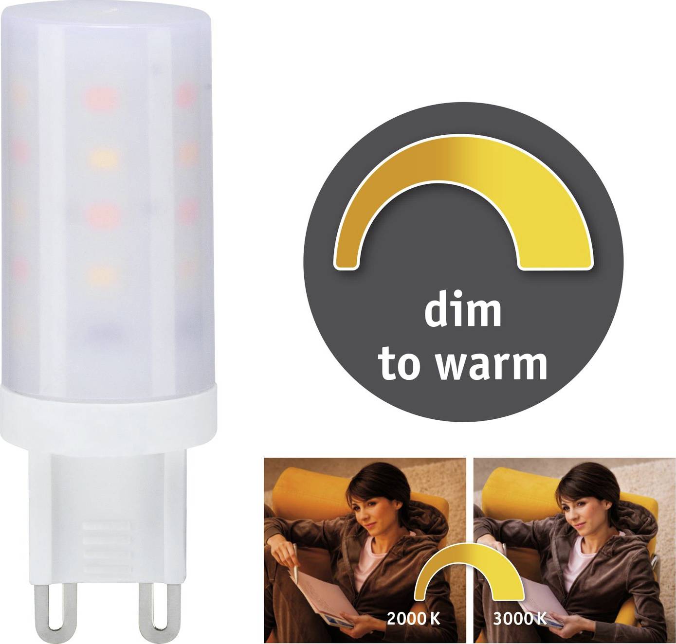 LED-Glühbirne mit 'dim to warm'-Funktion, von 2000K bis 3000K einstellbar. Zwei Bilder zeigen Lichtfarbenunterschiede.