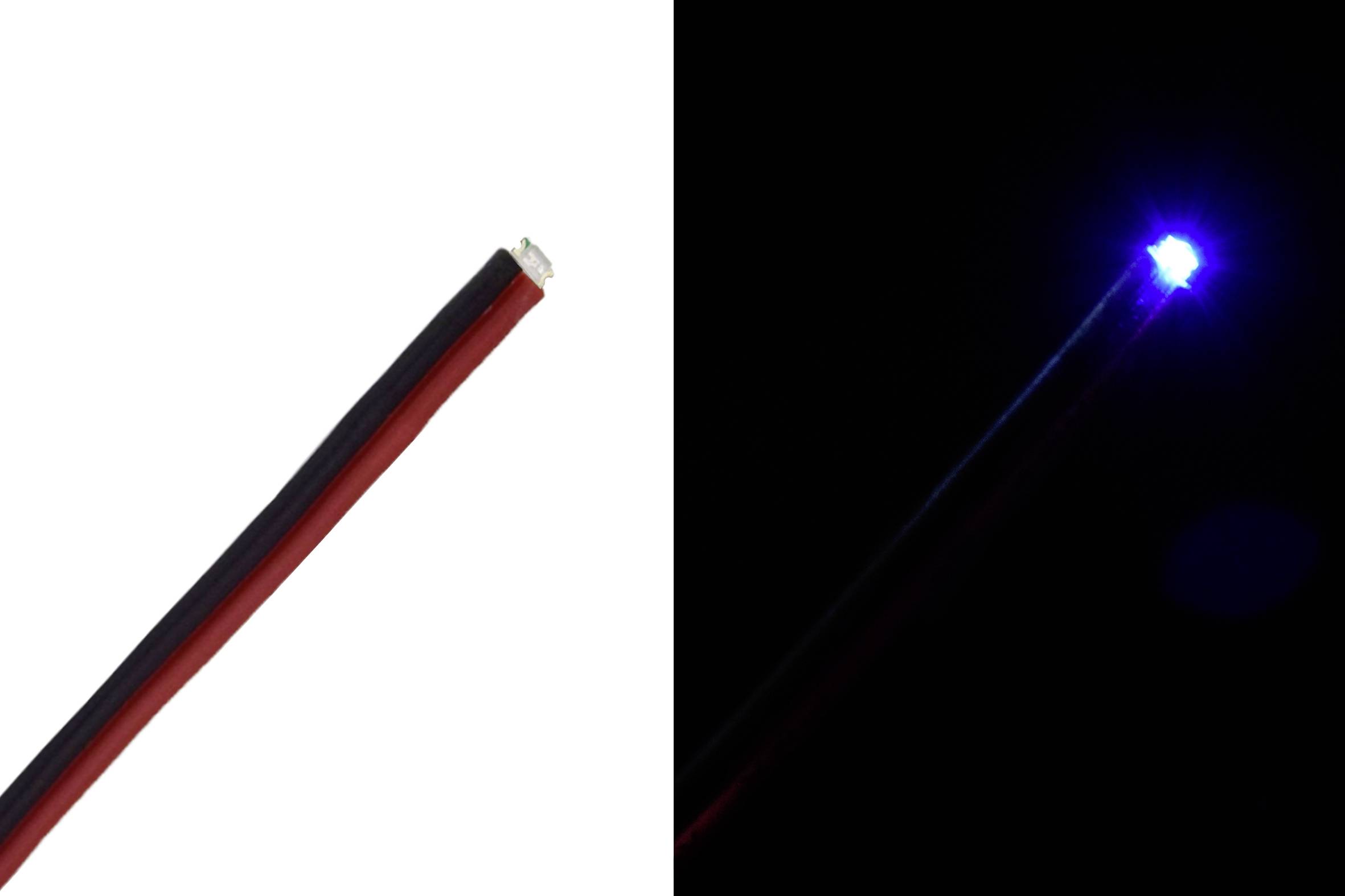 'Zweifarbiges Bild: Links ein Draht mit LED, rechts leuchtet die LED hellblau im Dunkeln.'