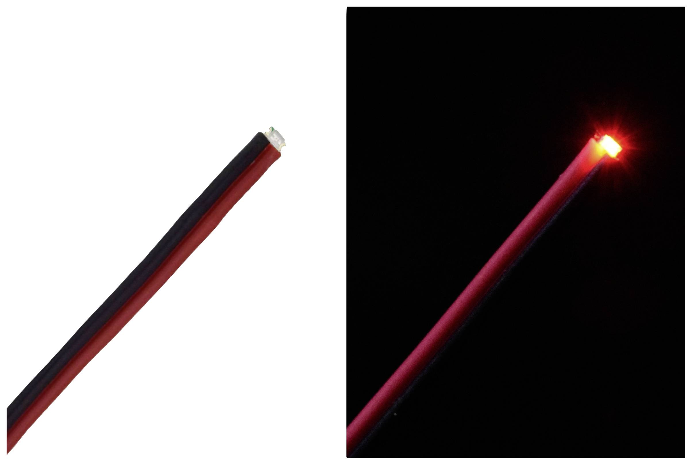 Zwei Bilder einer LED: links mit ausgeschaltetem Zustand, rechts leuchtet sie rot. Schwarz-rotes Kabel angeschlossen.