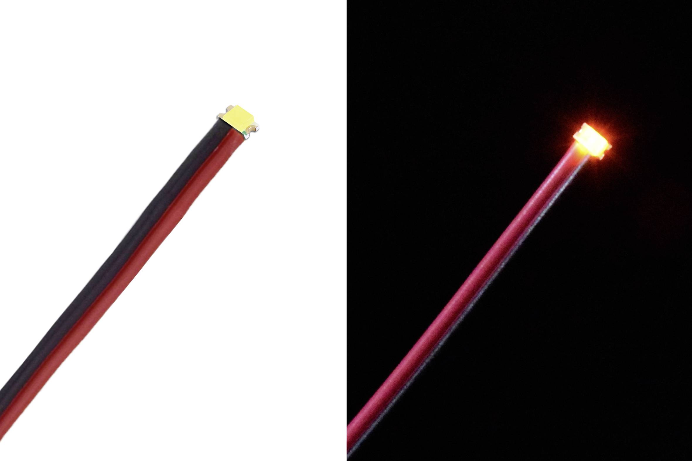 Ein LED-Kabel mit rotem und schwarzem Draht. Links: unbeleuchtet auf weißem Hintergrund. Rechts: leuchtend auf schwarzem Hintergrund.