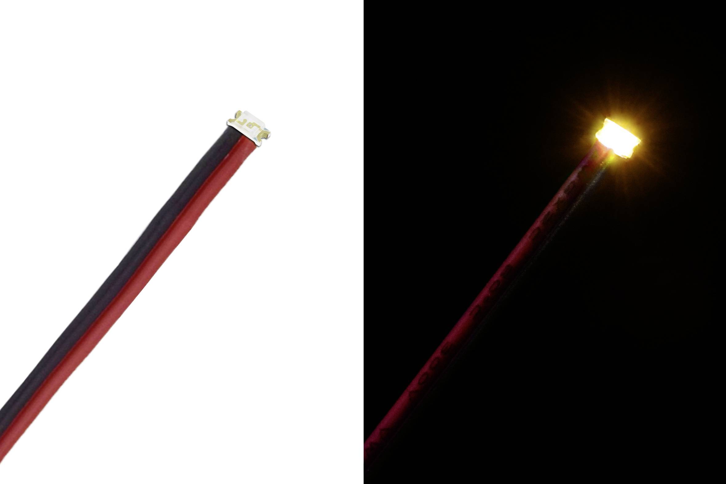 Zwei Bilder zeigen eine LED: links unbeleuchtet auf weißem Hintergrund, rechts leuchtend in dunkler Umgebung.