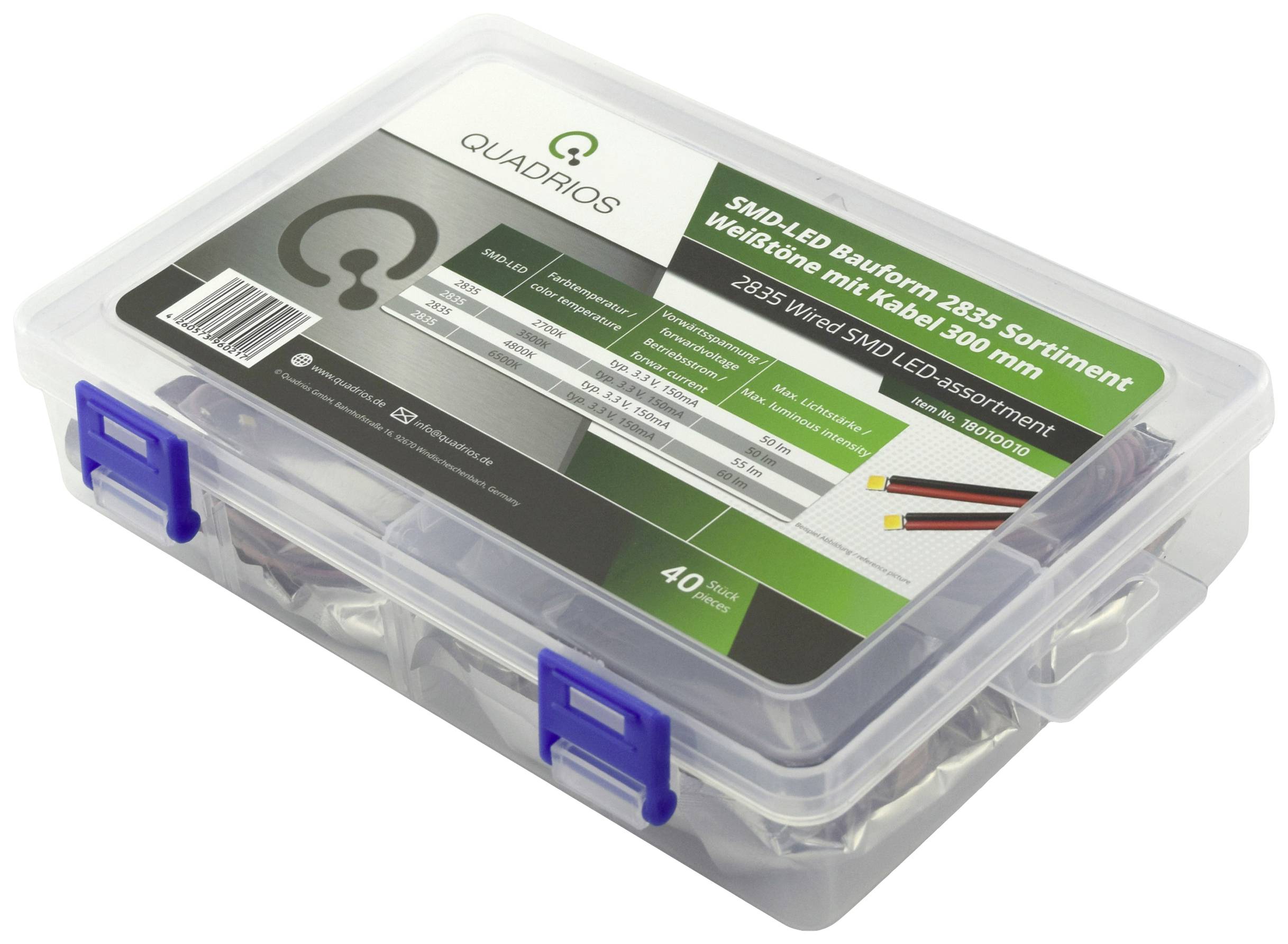 Klarsichtbox mit Sortimentsaufkleber, der LEDs in verschiedenen Farben und Größen zeigt. Enthält 40 LEDs mit Kabeln für Elektronikprojekte.