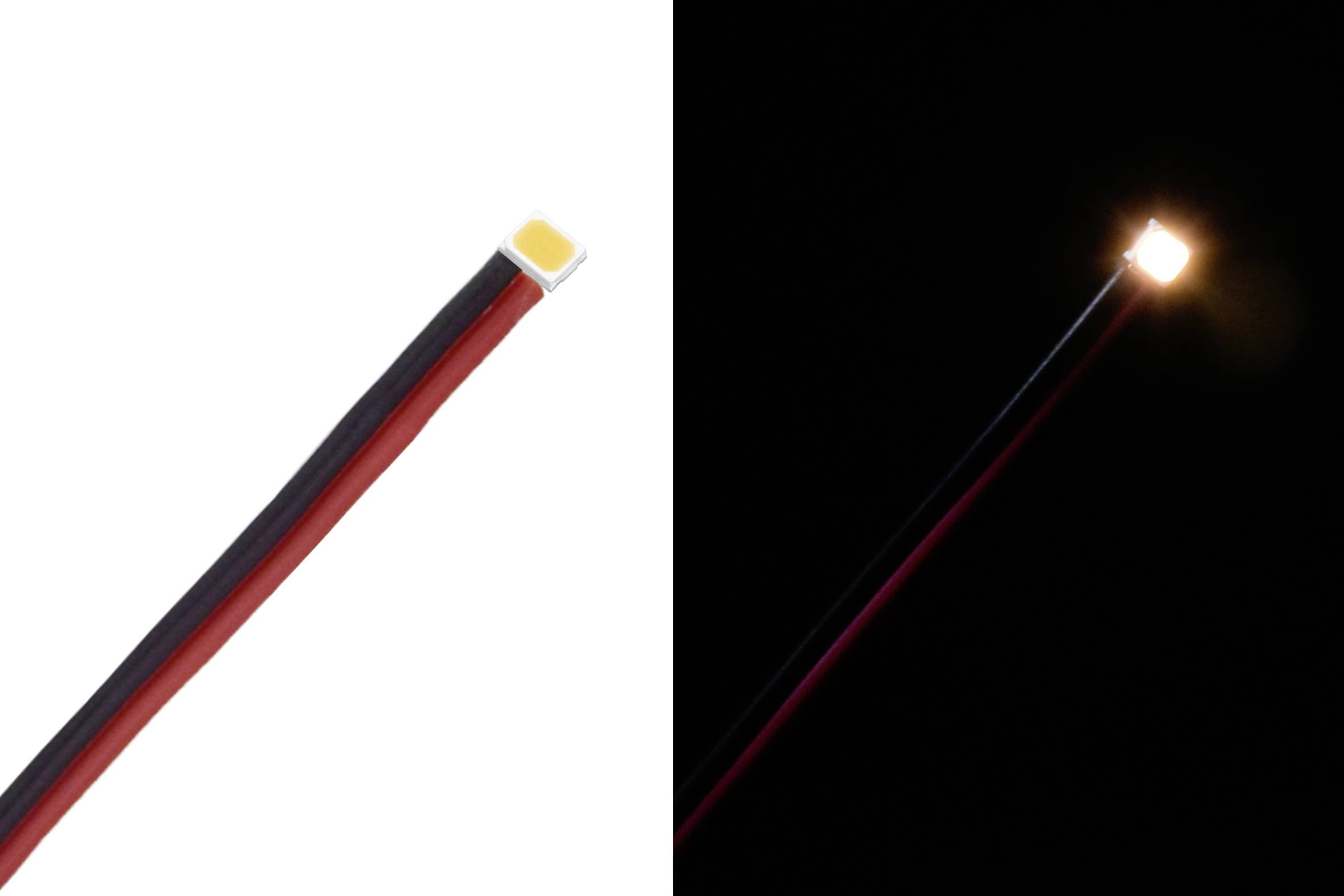 Eine LED-Leuchte, links ohne Beleuchtung auf weißem Hintergrund, rechts leuchtend auf schwarzem Hintergrund.