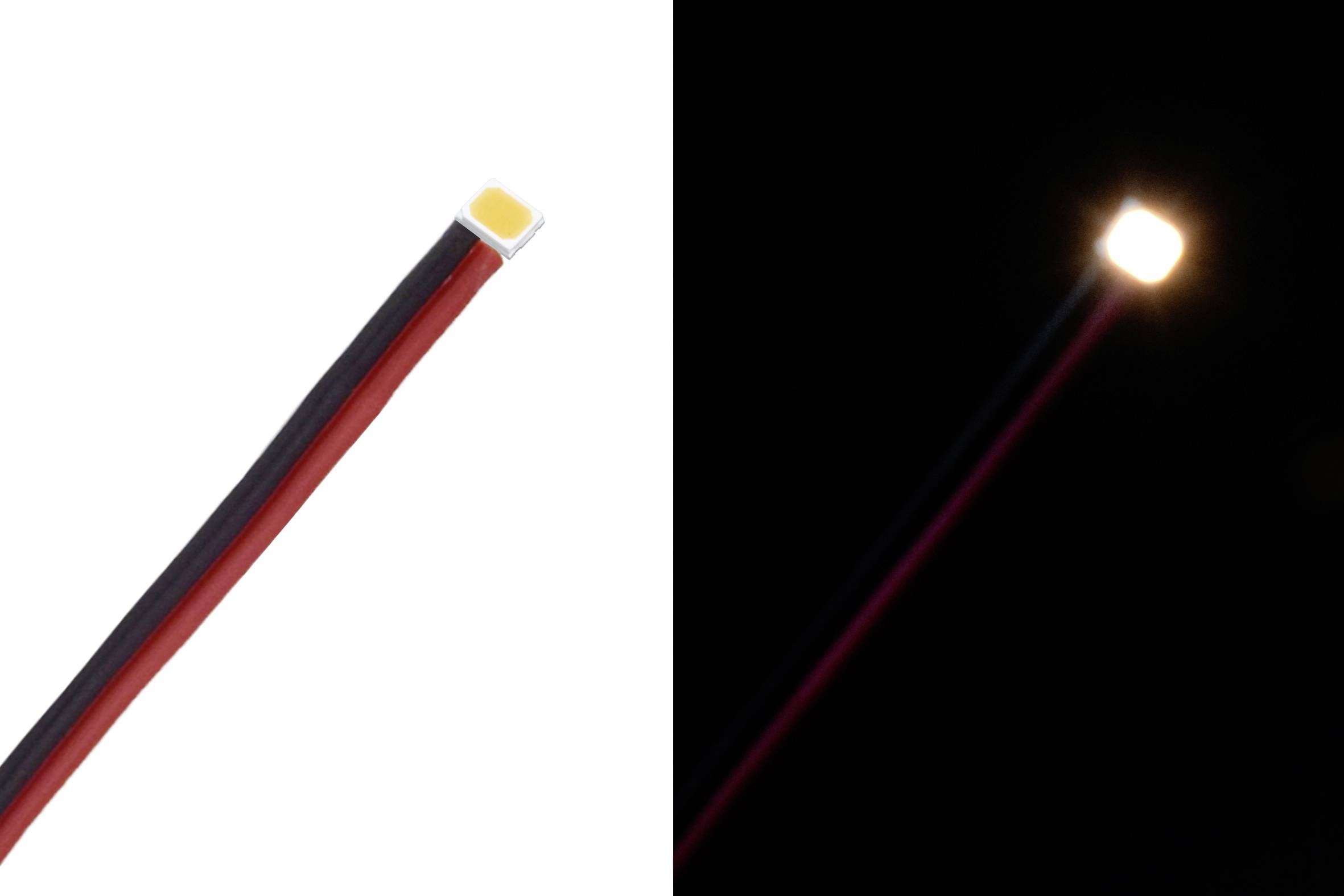 'Zwei Bilder von LED-Licht: links ausgeschaltet auf weißem Hintergrund, rechts eingeschaltet leuchtend in dunkler Umgebung.'