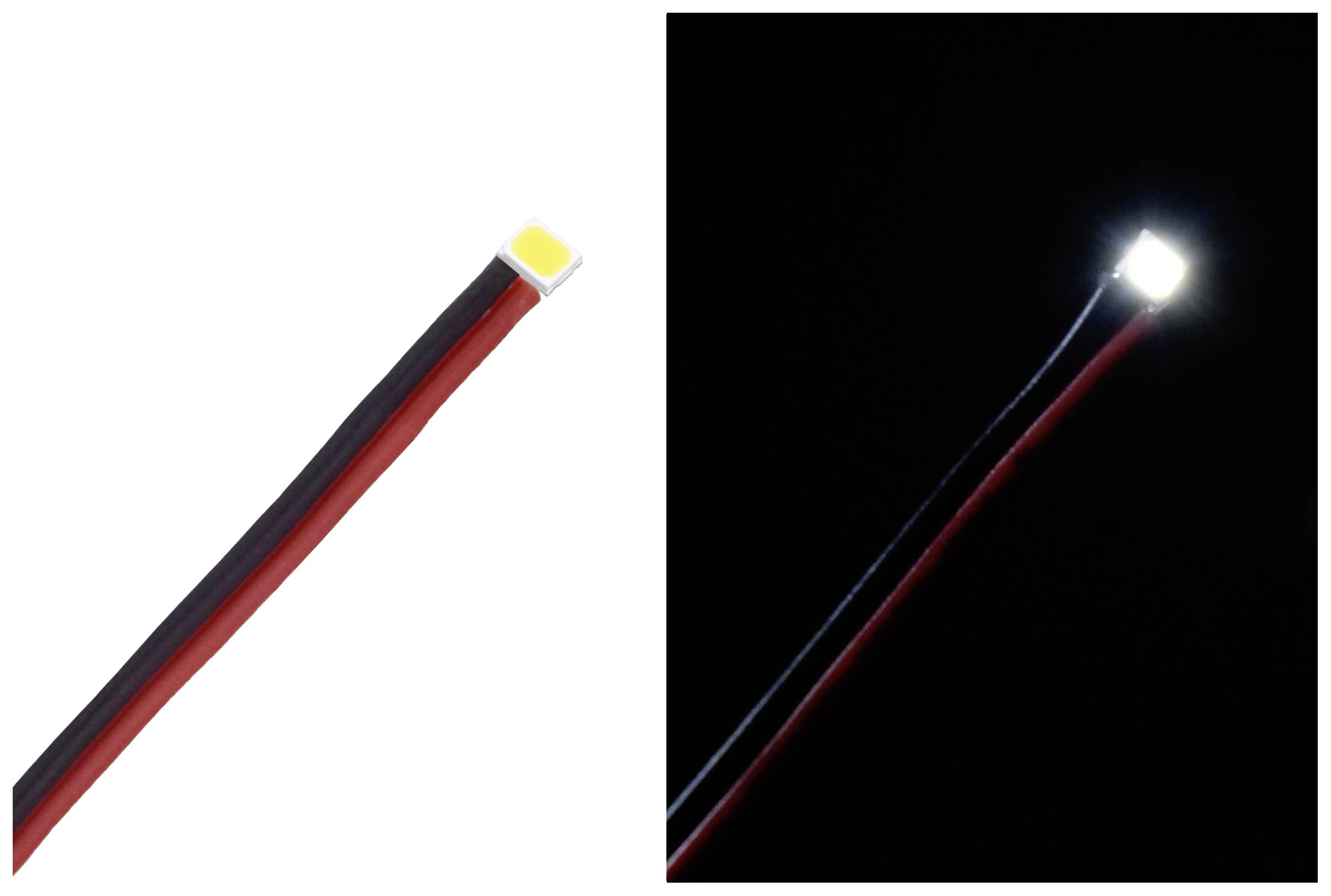 'Nahaufnahme eines leuchtenden, rechteckigen LED-Lichts mit roten und schwarzen Kabeln vor einem weißen und schwarzen Hintergrund.'